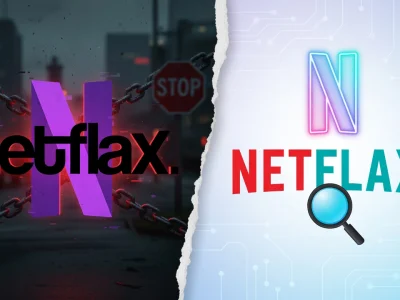 Vue partagée d'une rue sombre pluvieuse avec chaînes à gauche et d'un fond lumineux numérique à droite pour netflax