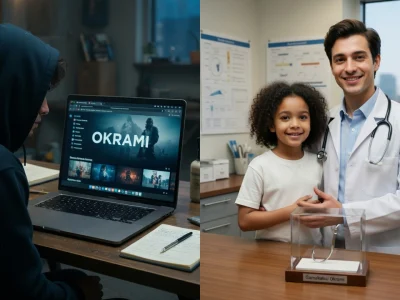 Scène d'Okrami montrant un utilisateur encapuchonné sur ordinateur et un médecin avec une enfant