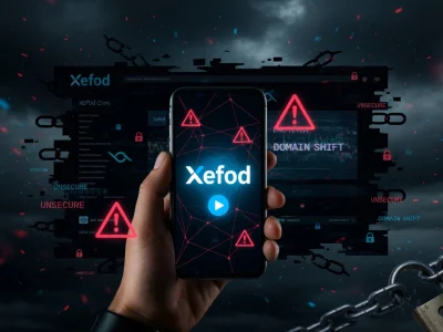Une main tient un smartphone avec Xefod au milieu de chaînes brisées et de cadenas