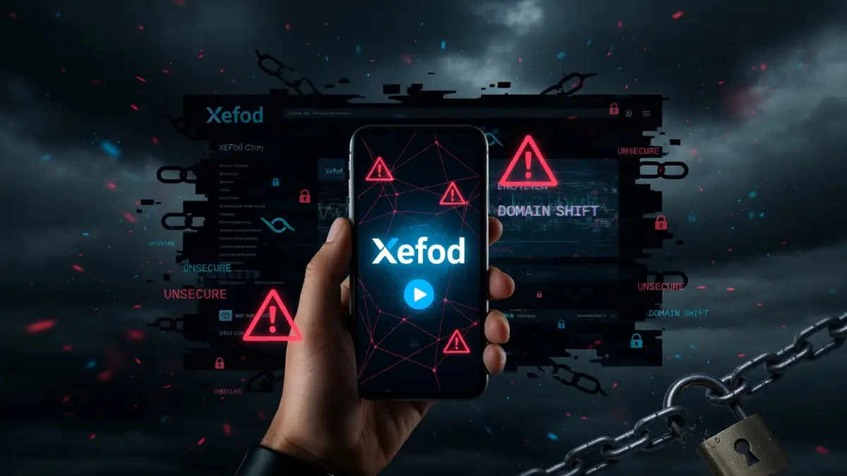 Une main tient un smartphone avec Xefod au milieu de chaînes brisées et de cadenas