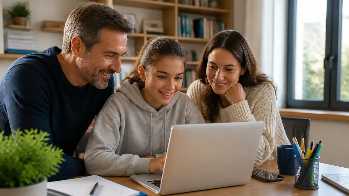 Une famille souriante consulte ensemble l'ENT 95 sur un ordinateur portable à la maison