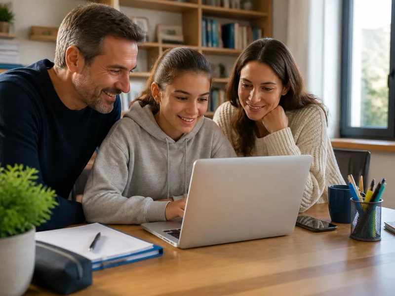Une famille souriante consulte ensemble l'ENT 95 sur un ordinateur portable à la maison