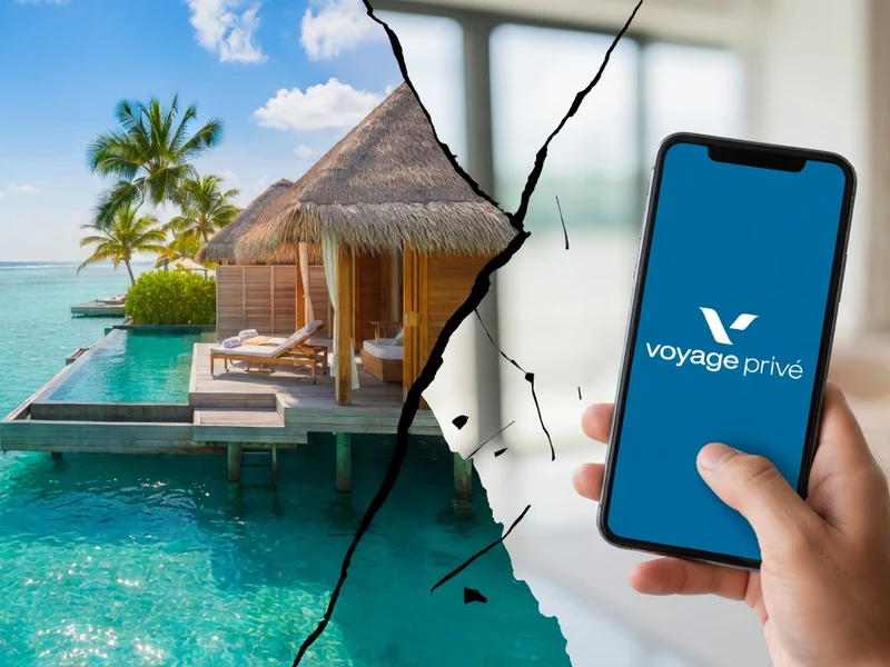 Une déchirure sépare une villa sur l'eau tropicale d'une main tenant un smartphone pour voyage Privée avis