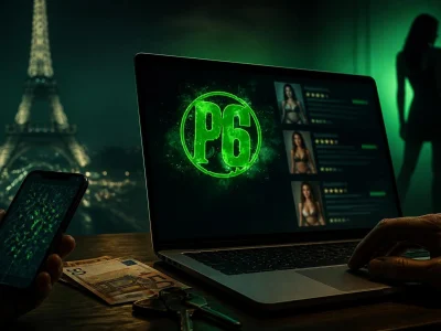 Un utilisateur consulte une plateforme de type 6 annonce sur son ordinateur devant la tour Eiffel la nuit