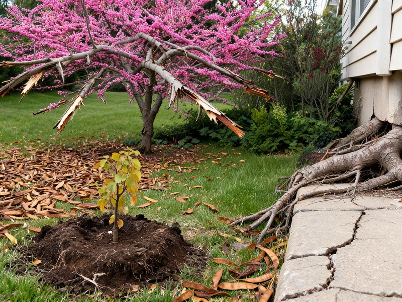 Les racines d'un arbre de Judée inconvénients fissurent la dalle en béton près de la maison