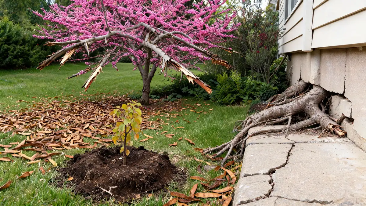 Les racines d'un arbre de Judée inconvénients fissurent la dalle en béton près de la maison