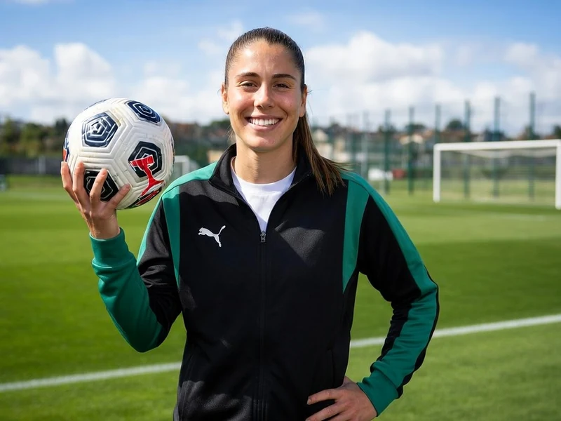 Inès Benyahia sourit en tenant un ballon sur un terrain de football