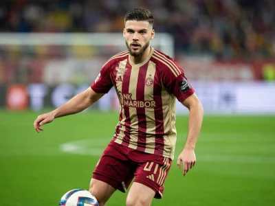 Omar Rekik contrôle le ballon sur la pelouse d'un stade