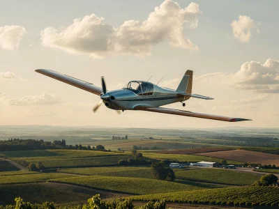 Le DR400 survole les collines et champs verdoyants