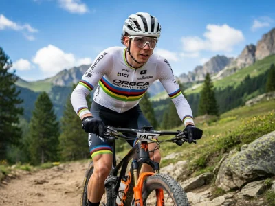 Luca Martin roule en VTT sur un sentier de montagne