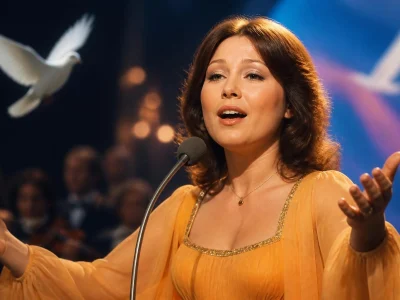 Marie Myriam L'Oiseau et l'Enfant interprétant sa célèbre chanson devant des colombes en plein vol
