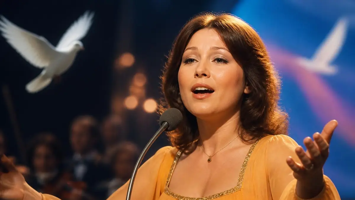 Marie Myriam L'Oiseau et l'Enfant interprétant sa célèbre chanson devant des colombes en plein vol