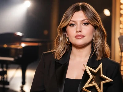 Portrait de la chanteuse Marine Star Academy posant devant un piano dans un studio d'enregistrement