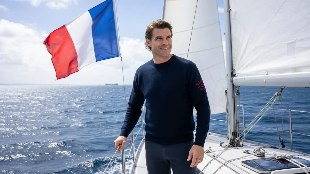 Jean Galfione debout sur un voilier en mer avec le drapeau français qui flotte