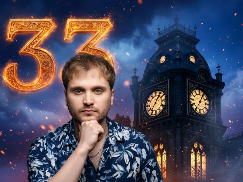 Lorien Testard pose la main au menton devant une tour d'horloge illuminée la nuit