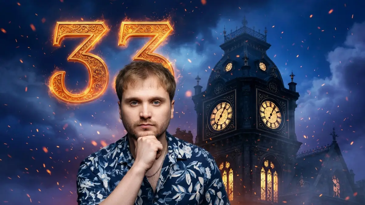 Lorien Testard pose la main au menton devant une tour d'horloge illuminée la nuit