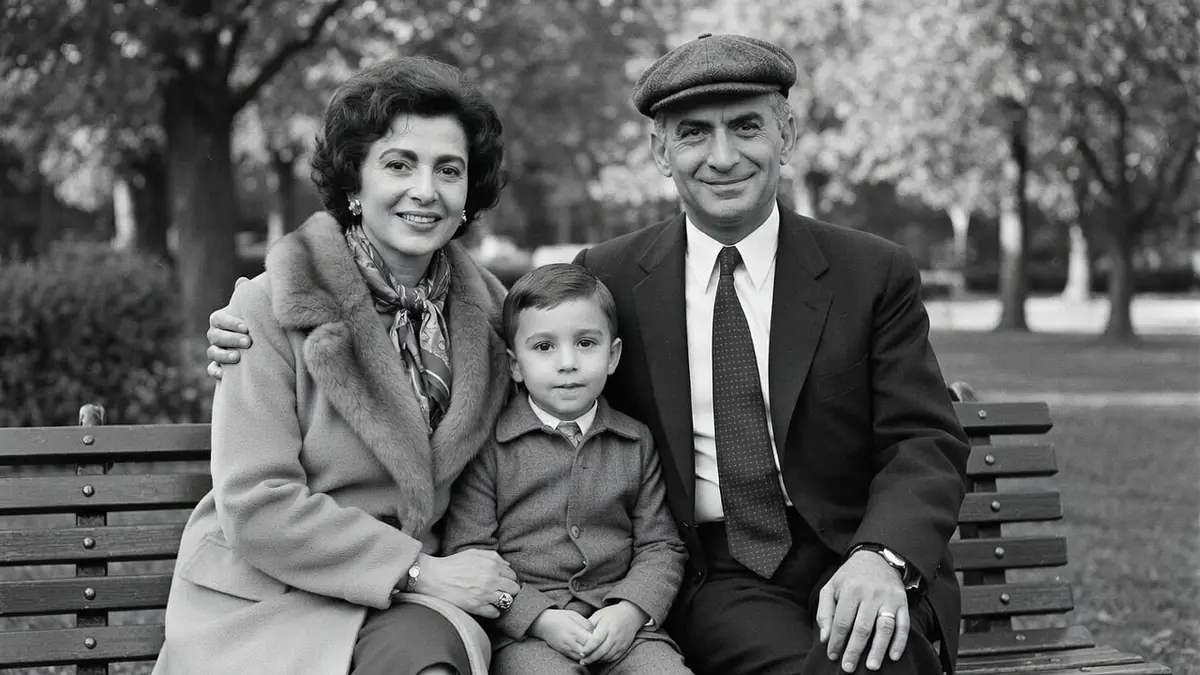 Germaine Louise Élodie Carroyer sourit aux côtés de son mari et de leur fils sur un banc de parc.
