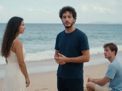 Aurélien Peyre se tient sur une plage aux côtés d'une jeune femme en robe blanche et d'un homme assis sur le sable