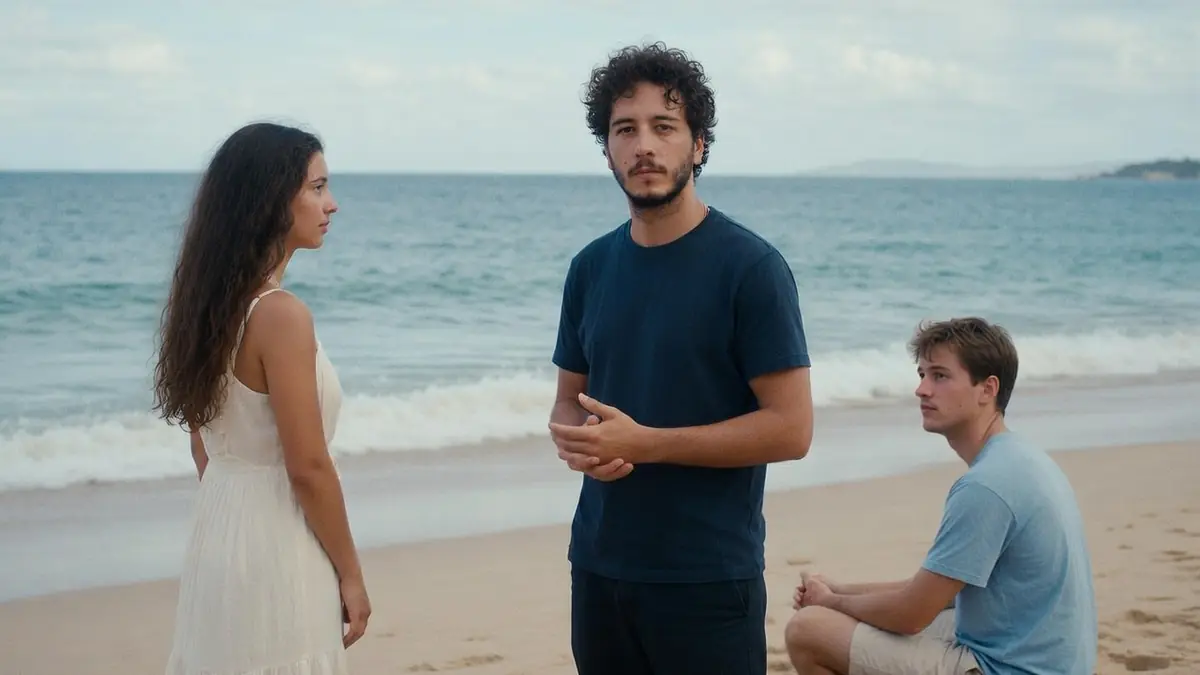 Aurélien Peyre se tient sur une plage aux côtés d'une jeune femme en robe blanche et d'un homme assis sur le sable