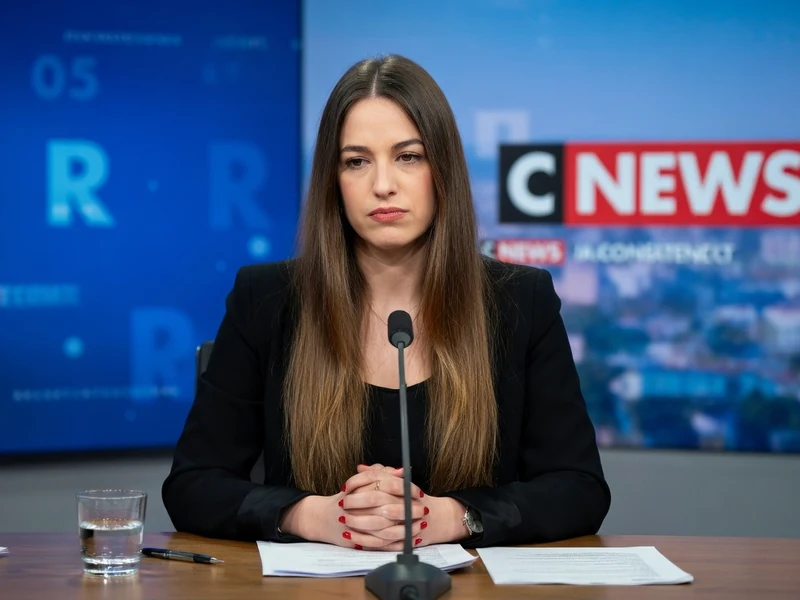 Sabrina Bierlein Bouyer est assise derrière un bureau dans un studio de télévision