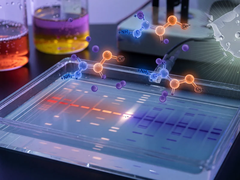 Un bac de laboratoire avec des molécules en lévitation représente le point isoélectrique des protéines