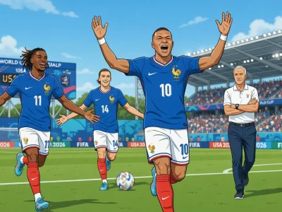 Des joueurs de l'équipe de France de football célèbrent un but sur le terrain sous le regard de leur entraîneur