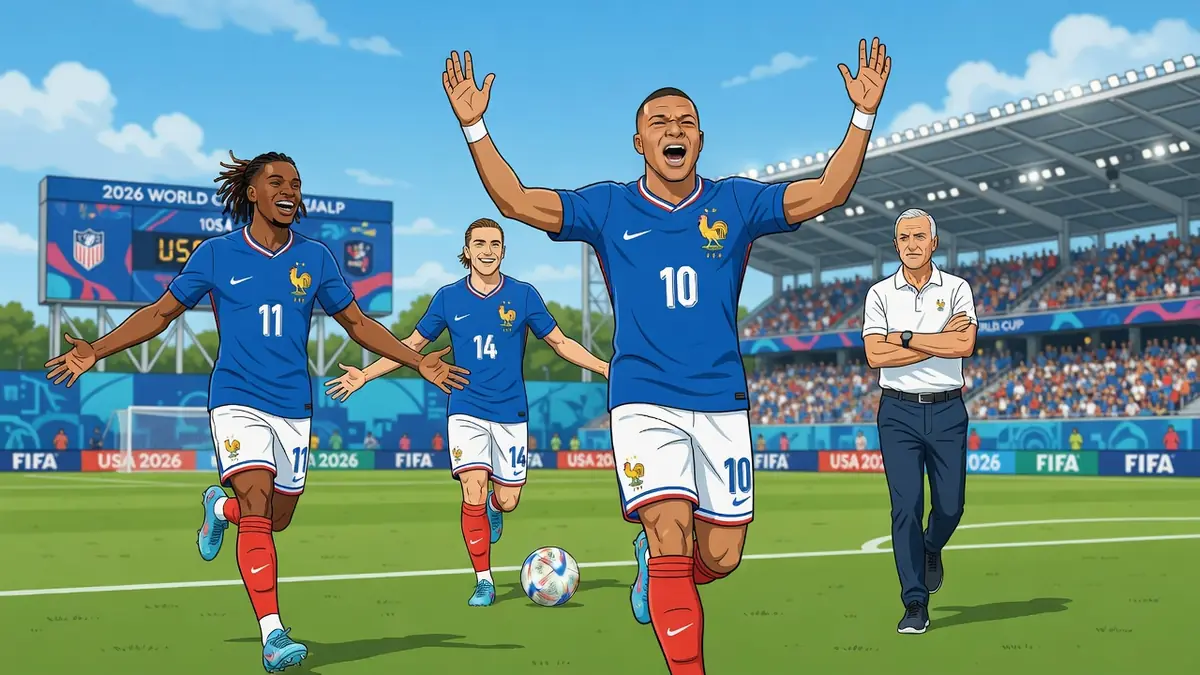 Des joueurs de l'équipe de France de football célèbrent un but sur le terrain sous le regard de leur entraîneur