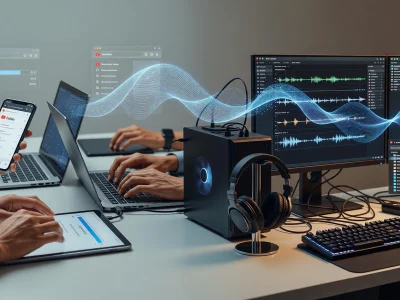 Des mains interagissent avec appareils et laptops près d'un matériel audio pour YouTube mp3