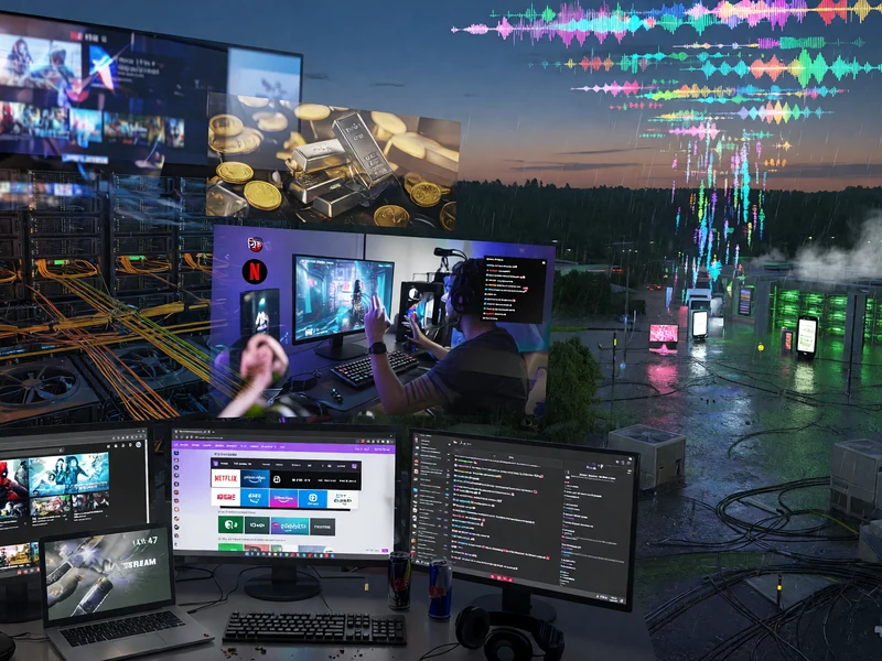 Le visuel est un montage de scènes de mégastreams avec data centers, gamers et graphiques de données vibrants.