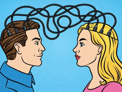 Un homme et une femme sont connectés par des câbles cérébraux dans cette illustration de sapio sexuelle c est quoi