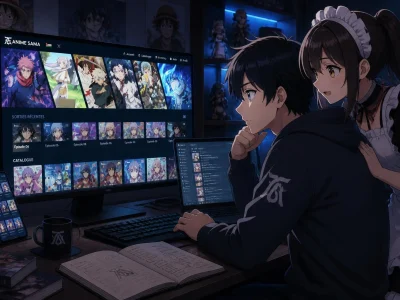 Un jeune homme et une jeune fille en tenue de soubrette regardent ensemble un écran affichant le site Anime Sama