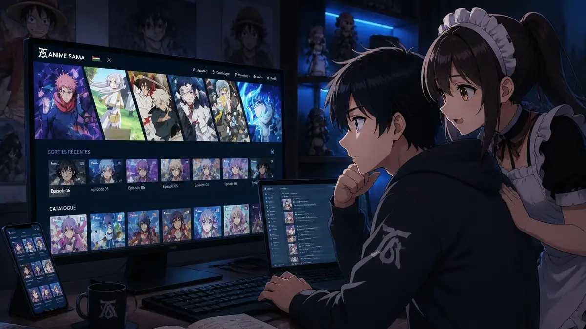 Un jeune homme et une jeune fille en tenue de soubrette regardent ensemble un écran affichant le site Anime Sama