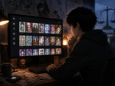 Un jeune homme consulte une bibliothèque de mangas en ligne sur Crunchy Scan depuis son ordinateur le soir