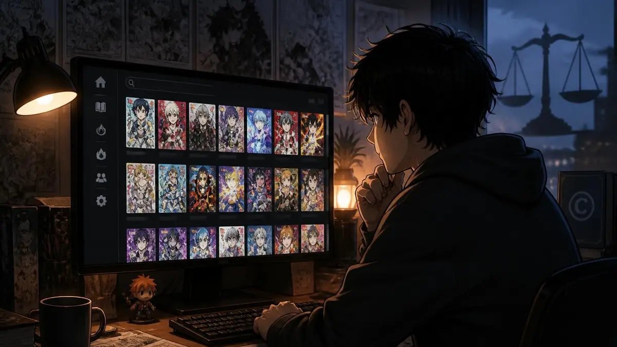 Un jeune homme consulte une bibliothèque de mangas en ligne sur Crunchy Scan depuis son ordinateur le soir
