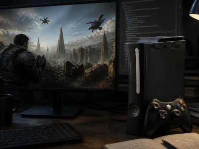 Un jeu vidéo tournant sur PC grâce à un xbox x 360 emulator près d'une console noire