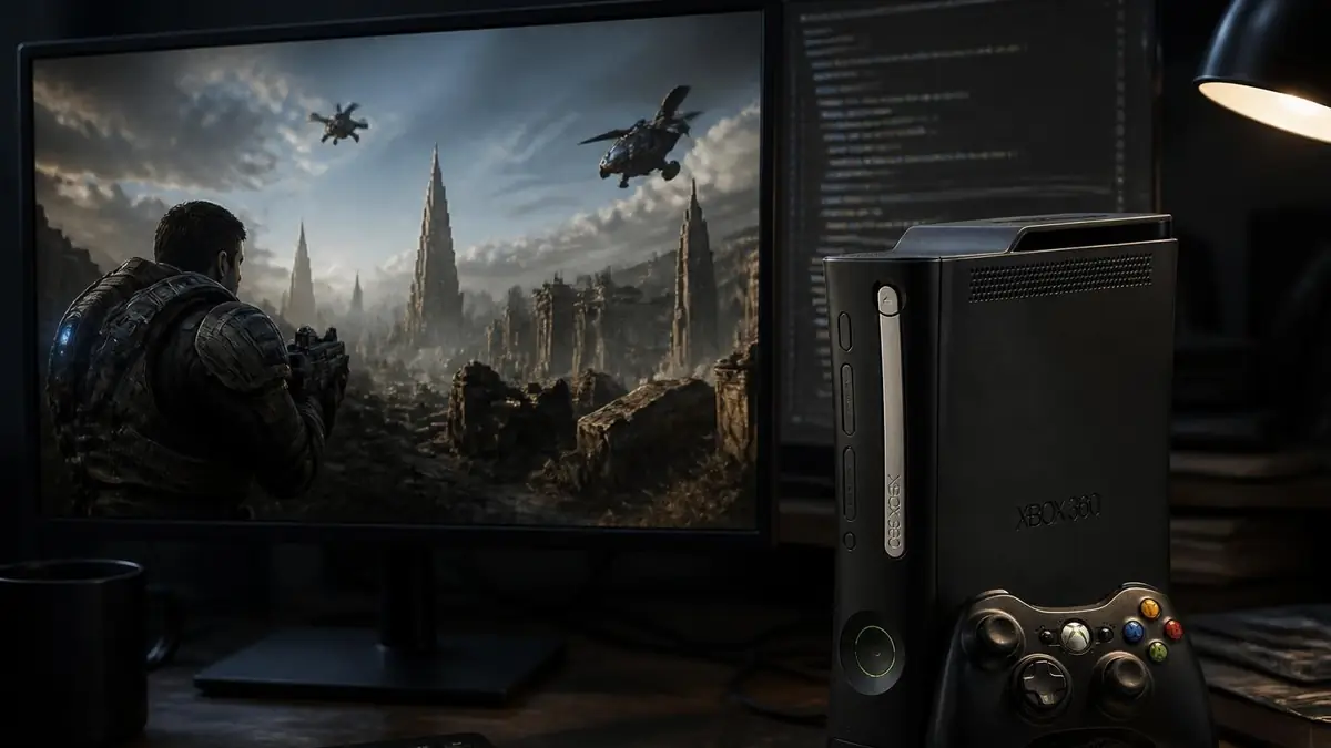 Un jeu vidéo tournant sur PC grâce à un xbox x 360 emulator près d'une console noire