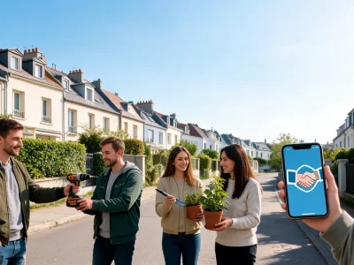 Des voisins échangent une perceuse et des plantes dans une rue résidentielle illustrant les petites annonces entre voisins