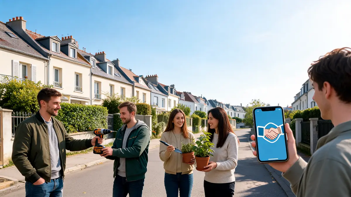 Des voisins échangent une perceuse et des plantes dans une rue résidentielle illustrant les petites annonces entre voisins