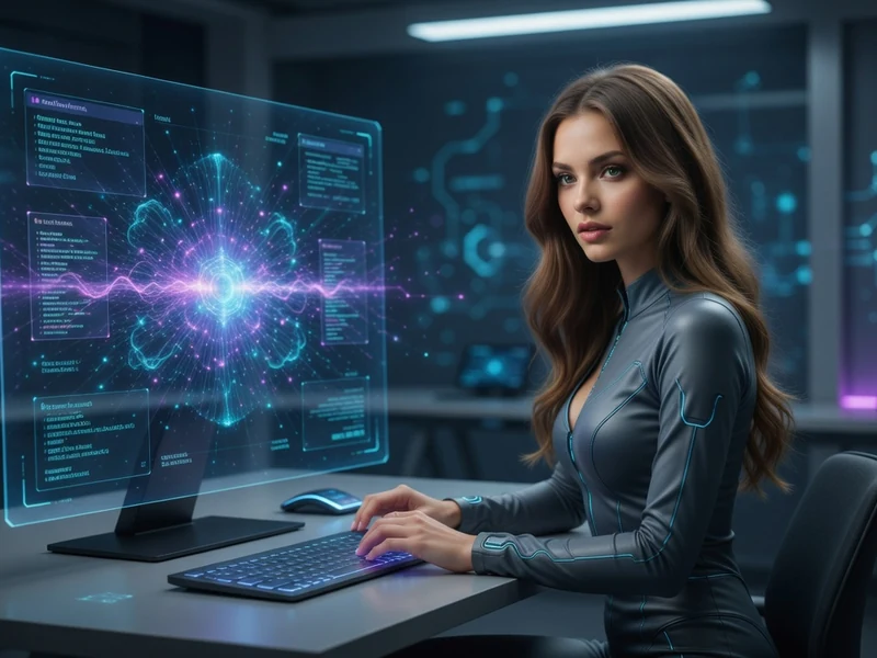 Une femme utilise l'ia générateur vidéo nsfw sur un écran holographique dans un bureau futuriste