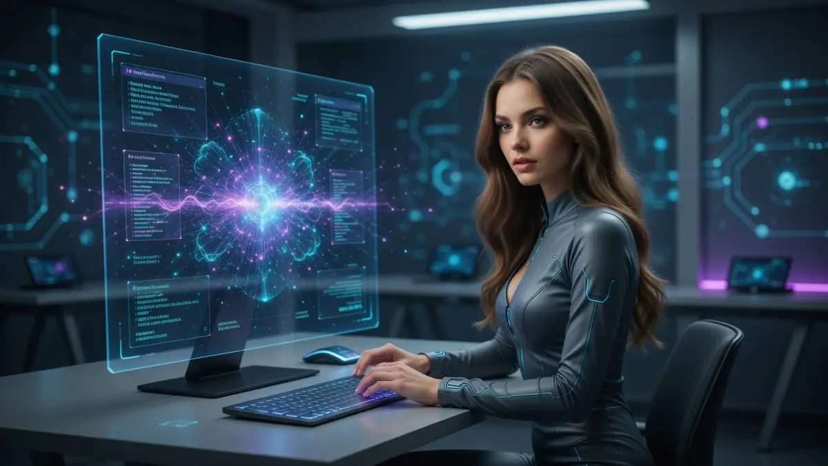 Une femme utilise l'ia générateur vidéo nsfw sur un écran holographique dans un bureau futuriste