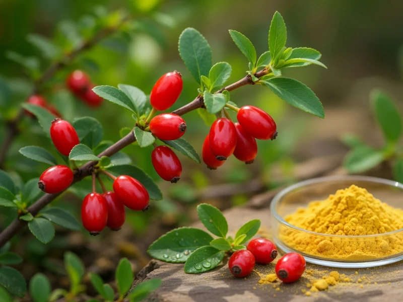 Branche de baies rouges près d'un bol de berbérine en poudre jaune sur bois