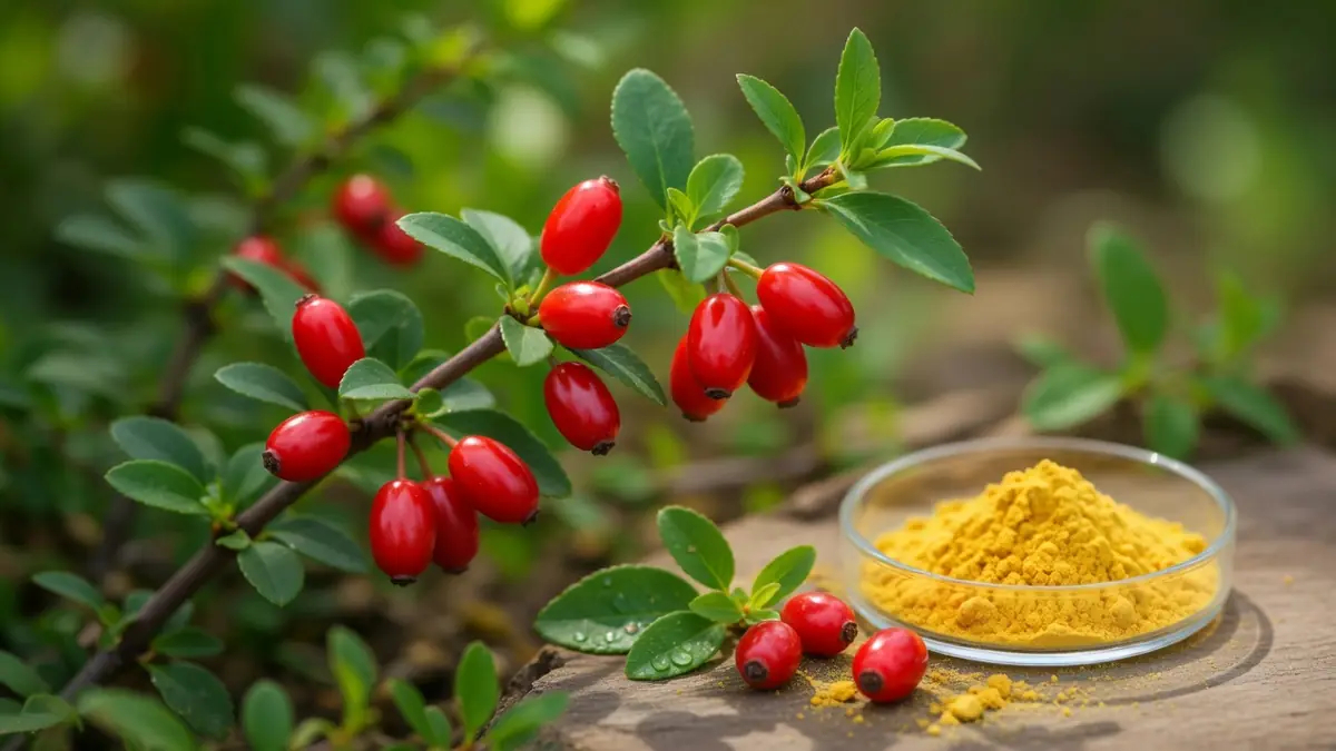 Branche de baies rouges près d'un bol de berbérine en poudre jaune sur bois