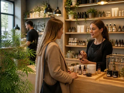 Une conseillère présente des produits à une cliente dans une boutique c b d moderne et chaleureuse