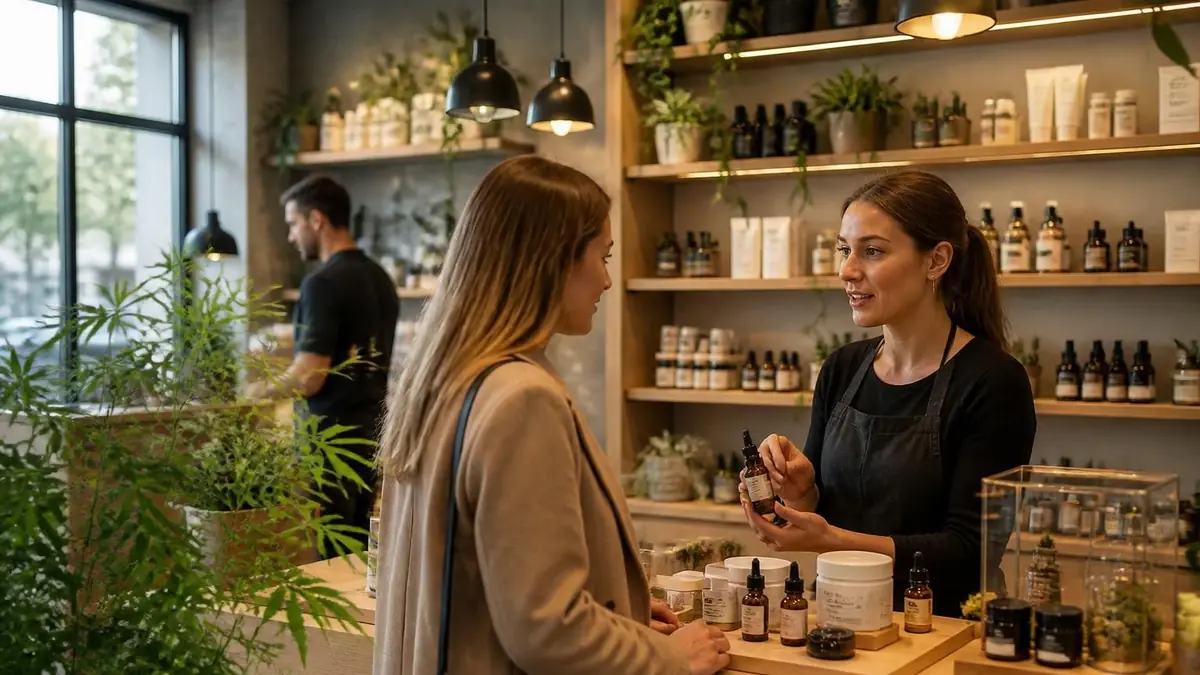 Une conseillère présente des produits à une cliente dans une boutique c b d moderne et chaleureuse