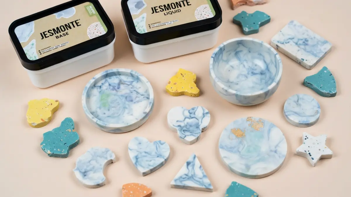Divers objets artisanaux colorés et marbrés fabriqués en Jesmonite sur fond neutre