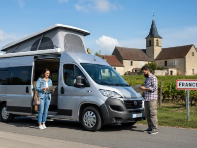 Une femme et un homme à côté d'un fourgon aménagé occasion dans la campagne