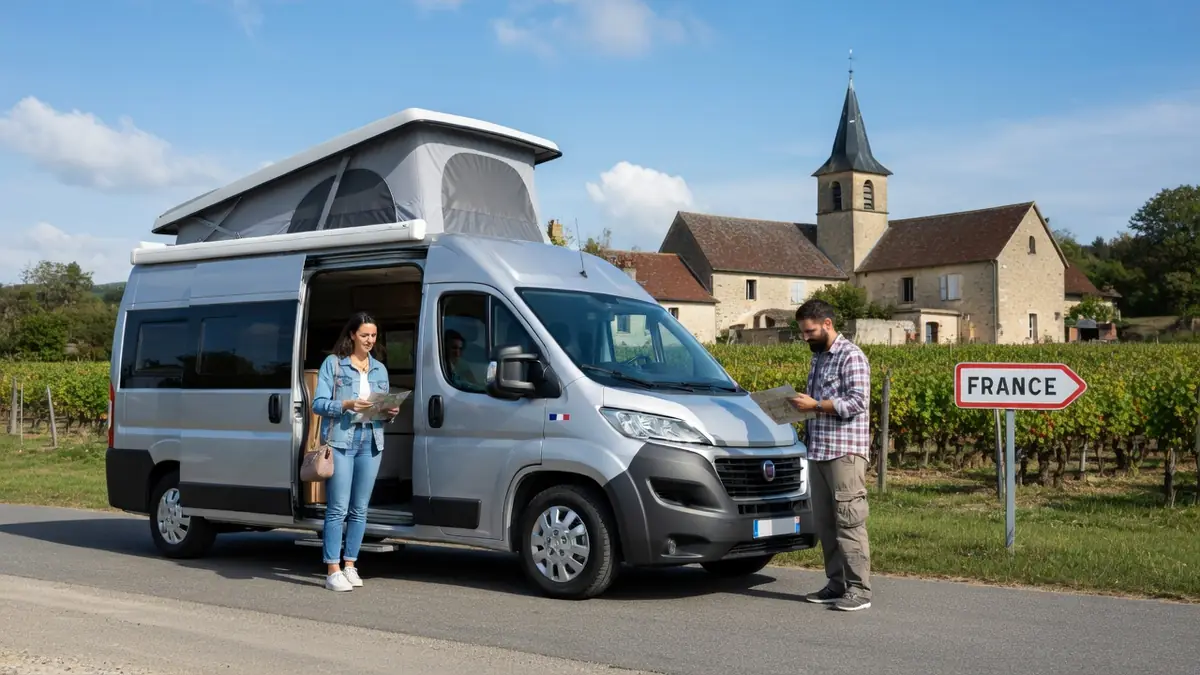 Une femme et un homme à côté d'un fourgon aménagé occasion dans la campagne