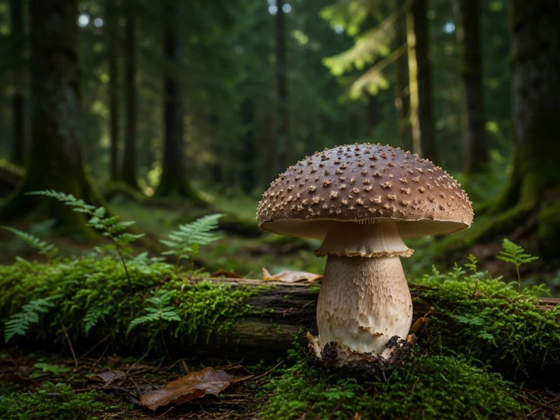 Lentinula edodes se dresse sur un tronc moussu au coeur d'une forêt verdoyante