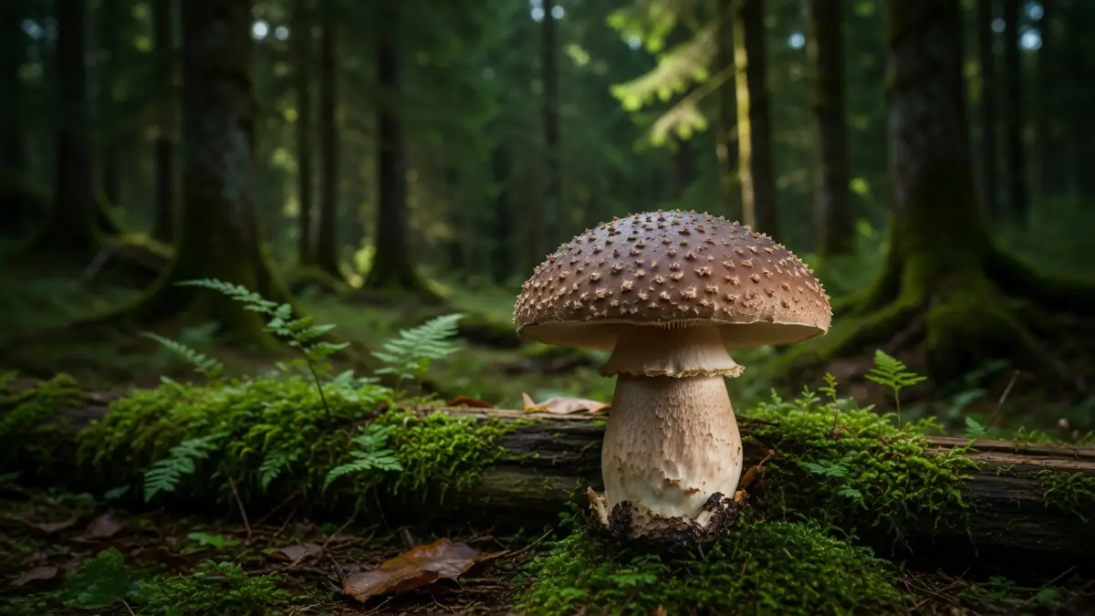 Lentinula edodes se dresse sur un tronc moussu au coeur d'une forêt verdoyante