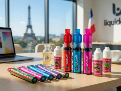 Assortiment de vapes et flacons colorés de liquideo France sur une table face à la tour Eiffel
